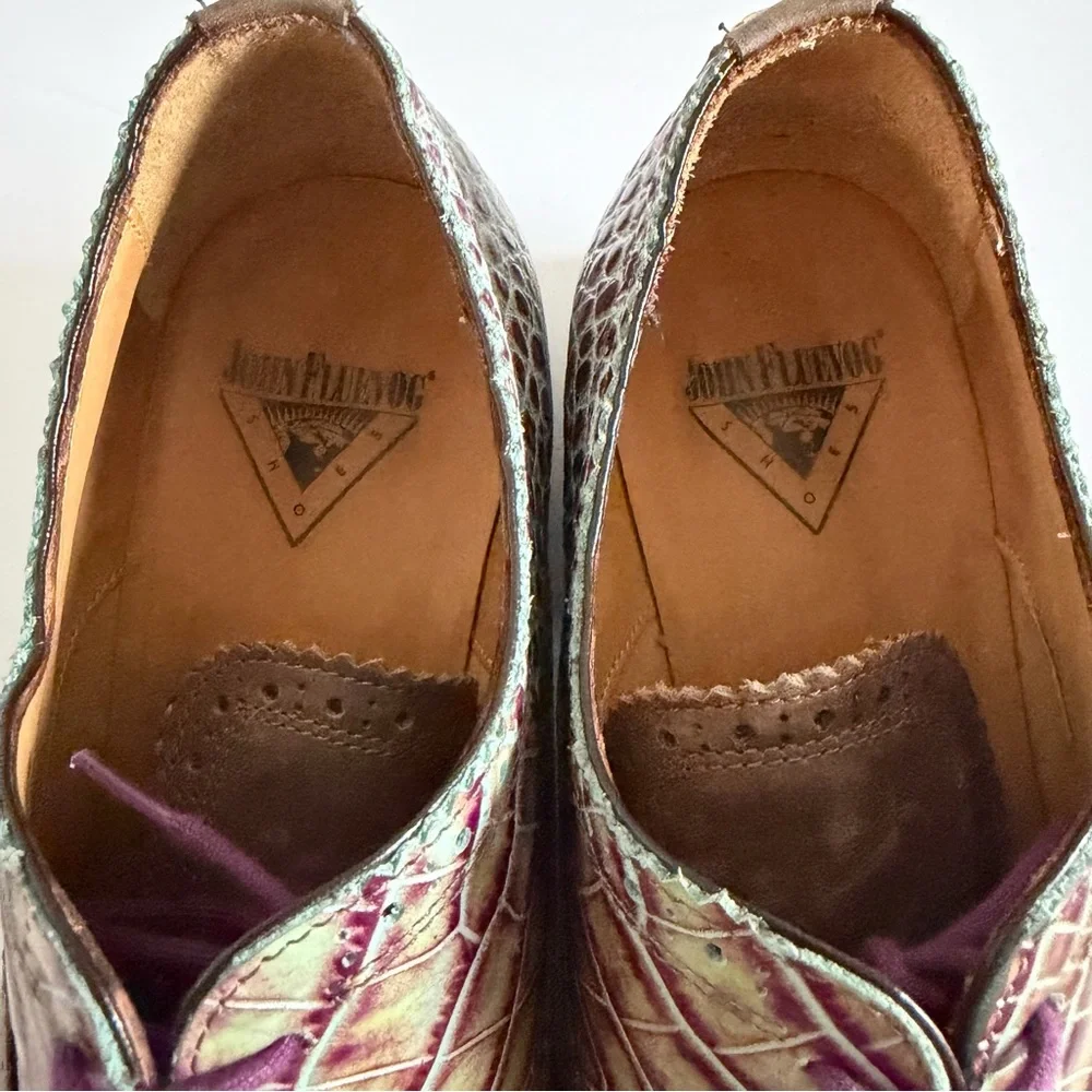 John Fluevog City Angels Damascus Classic Brogued Oxfords Grey Croc Womens US 10